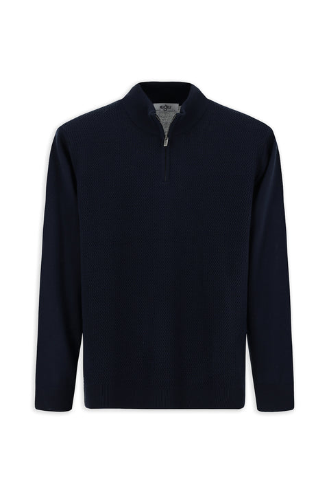Koyu Lacivert Yarım Balıkçı Yaka Regular Fit Desenli Fermuarlı Yünlü Triko Kazak