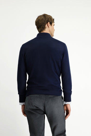 Koyu Lacivert Yarım Balıkçı Yaka Regular Fit Desenli Fermuarlı Yünlü Triko Kazak