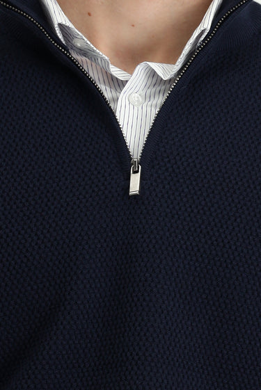 Koyu Lacivert Yarım Balıkçı Yaka Regular Fit Desenli Fermuarlı Yünlü Triko Kazak