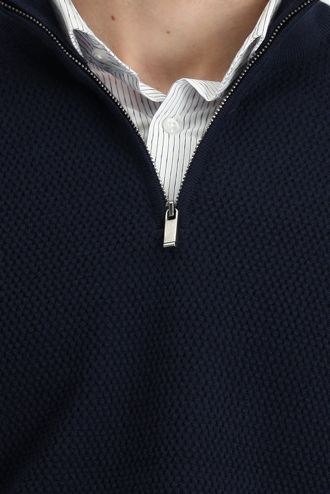 Koyu Lacivert Yarım Balıkçı Yaka Regular Fit Desenli Fermuarlı Yünlü Triko Kazak