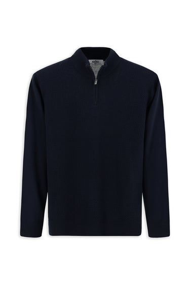 Koyu Lacivert Yarım Balıkçı Yaka Regular Fit Desenli Fermuarlı Yünlü Triko Kazak