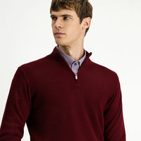 Koyu Bordo Yarım Balıkçı Yaka Regular Fit Desenli Fermuarlı Yünlü Triko Kazak