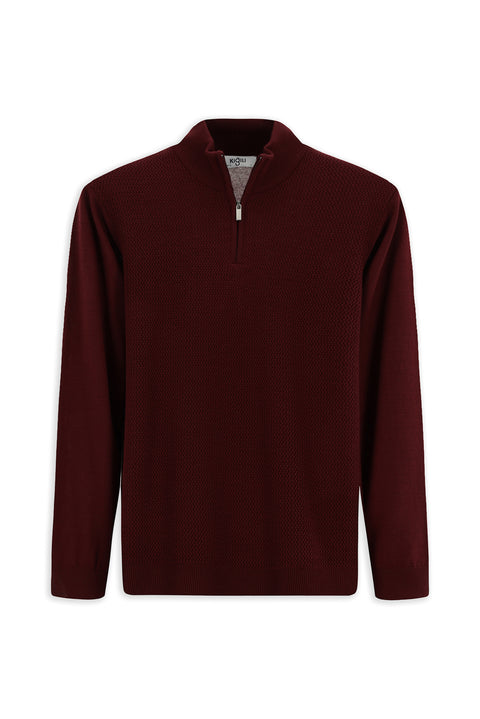 Koyu Bordo Yarım Balıkçı Yaka Regular Fit Desenli Fermuarlı Yünlü Triko Kazak