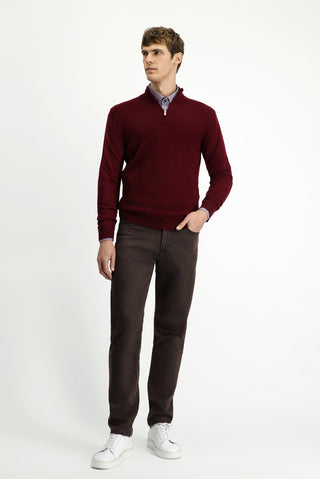  Koyu Bordo Yarım Balıkçı Yaka Regular Fit Desenli Fermuarlı Yünlü Triko Kazak