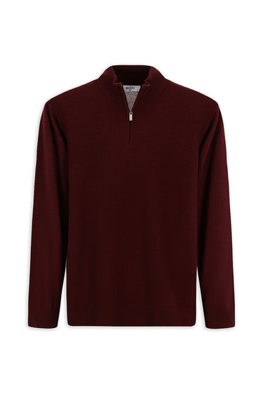 Koyu Bordo Yarım Balıkçı Yaka Regular Fit Desenli Fermuarlı Yünlü Triko Kazak