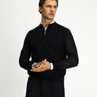 Siyah Yarım Balıkçı Yaka Regular Fit Fermuarlı Triko Kazak