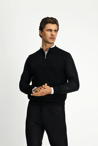  Siyah Yarım Balıkçı Yaka Regular Fit Fermuarlı Triko Kazak