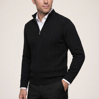 Black Half Turtleneck Regular Fit Patterned Zip-Up Knit Sweater