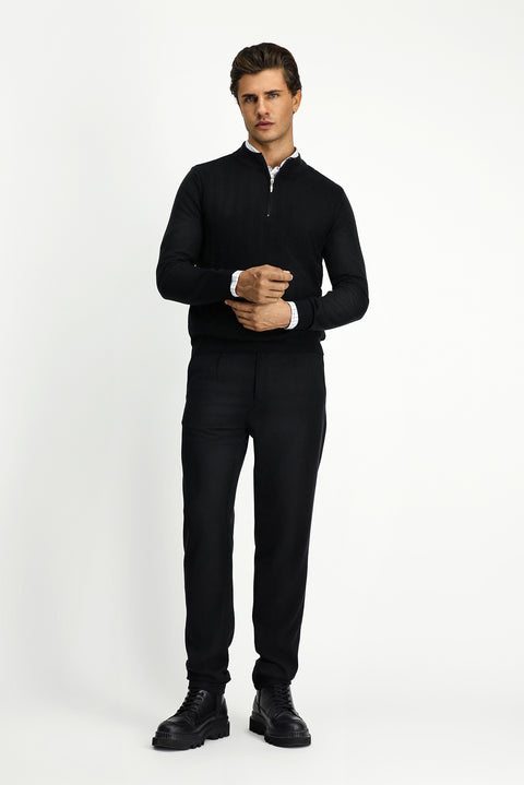 Siyah Yarım Balıkçı Yaka Regular Fit Fermuarlı Triko Kazak