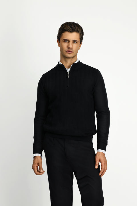 Siyah Yarım Balıkçı Yaka Regular Fit Fermuarlı Triko Kazak