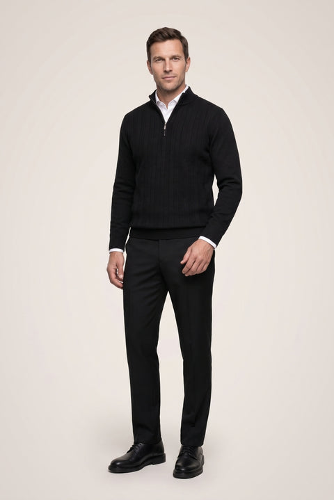 Black Half Turtleneck Regular Fit Patterned Zip-Up Knit Sweater