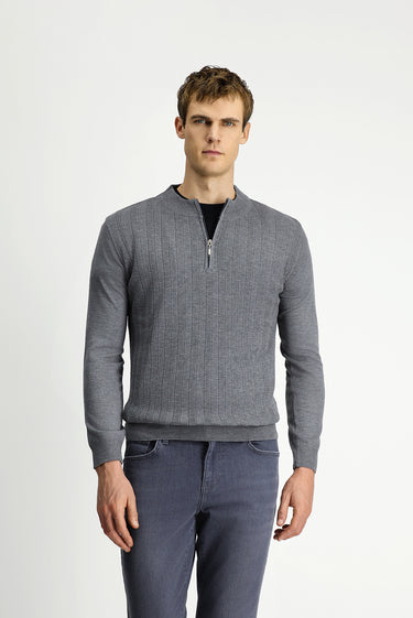  Orta Gri Melanj Yarım Balıkçı Yaka Regular Fit Fermuarlı Triko Kazak