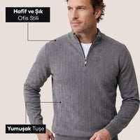 Orta Gri Melanj Yarım Balıkçı Yaka Regular Fit Desenli Fermuarlı Triko Kazak