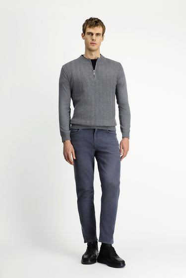  Orta Gri Melanj Yarım Balıkçı Yaka Regular Fit Fermuarlı Triko Kazak