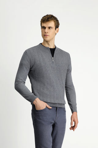  Orta Gri Melanj Yarım Balıkçı Yaka Regular Fit Fermuarlı Triko Kazak
