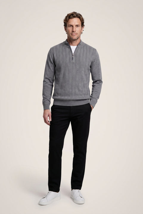 Medium Grey Melange Half Turtleneck Regular Fit Patterned Zip-Up Knit Sweater