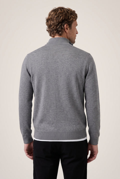 Medium Grey Melange Half Turtleneck Regular Fit Patterned Zip-Up Knit Sweater