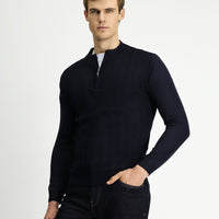 Koyu Lacivert Yarım Balıkçı Yaka Regular Fit Fermuarlı Triko Kazak