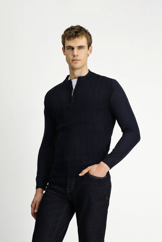  Koyu Lacivert Yarım Balıkçı Yaka Regular Fit Fermuarlı Triko Kazak