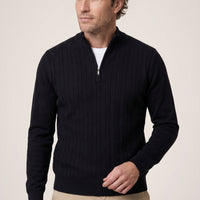 Dark Navy Semi-Turtleneck Regular Fit Patterned Zip-Up Knit Sweater