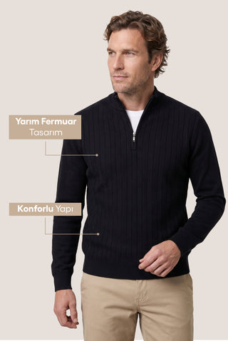  Koyu Lacivert Yarım Balıkçı Yaka Regular Fit Desenli Fermuarlı Triko Kazak