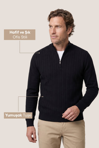  Koyu Lacivert Yarım Balıkçı Yaka Regular Fit Desenli Fermuarlı Triko Kazak