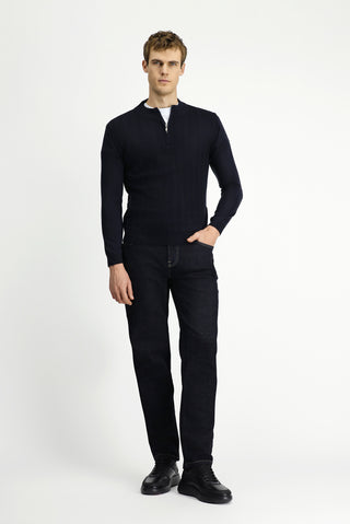  Koyu Lacivert Yarım Balıkçı Yaka Regular Fit Fermuarlı Triko Kazak