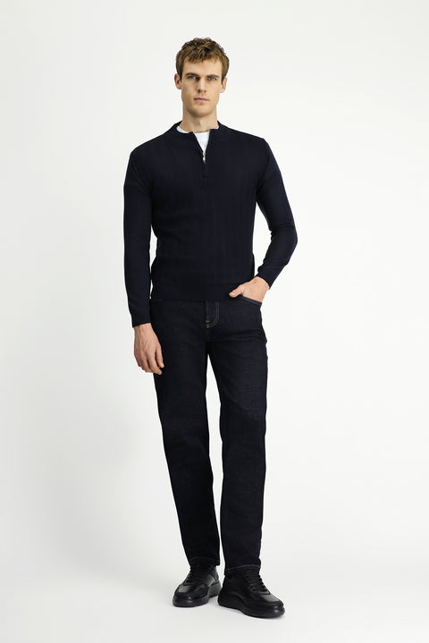 Koyu Lacivert Yarım Balıkçı Yaka Regular Fit Fermuarlı Triko Kazak