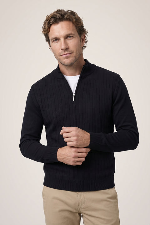 Dark Navy Semi-Turtleneck Regular Fit Patterned Zip-Up Knit Sweater