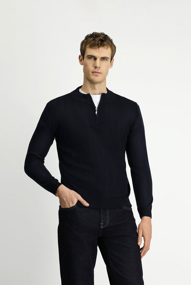  Koyu Lacivert Yarım Balıkçı Yaka Regular Fit Fermuarlı Triko Kazak