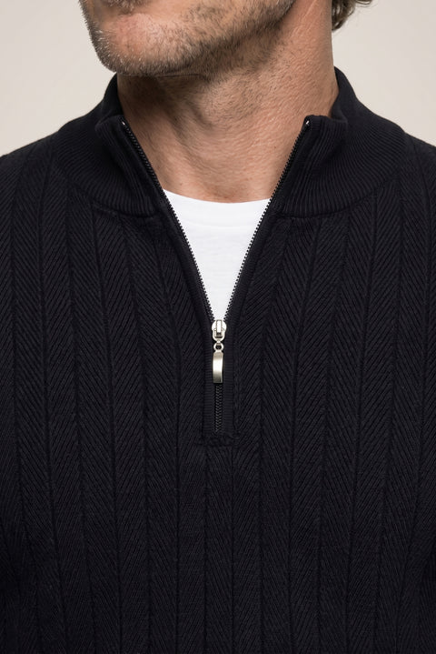 Dark Navy Semi-Turtleneck Regular Fit Patterned Zip-Up Knit Sweater