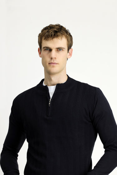  Koyu Lacivert Yarım Balıkçı Yaka Regular Fit Fermuarlı Triko Kazak