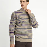 Orta Bej Bisiklet Yaka Regular Fit Desenli Yünlü Triko Kazak