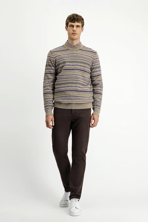 Orta Bej Bisiklet Yaka Regular Fit Desenli Yünlü Triko Kazak