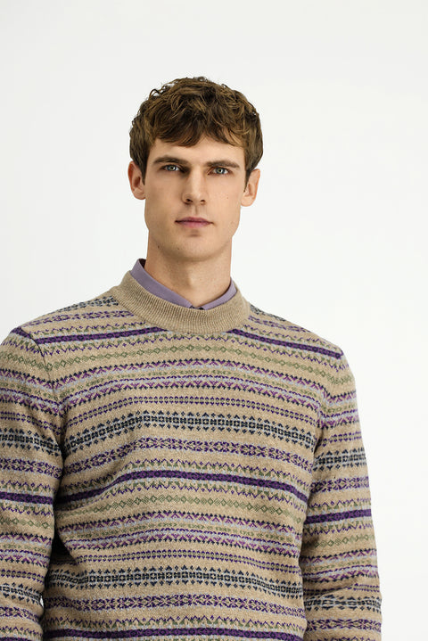 Orta Bej Bisiklet Yaka Regular Fit Desenli Yünlü Triko Kazak