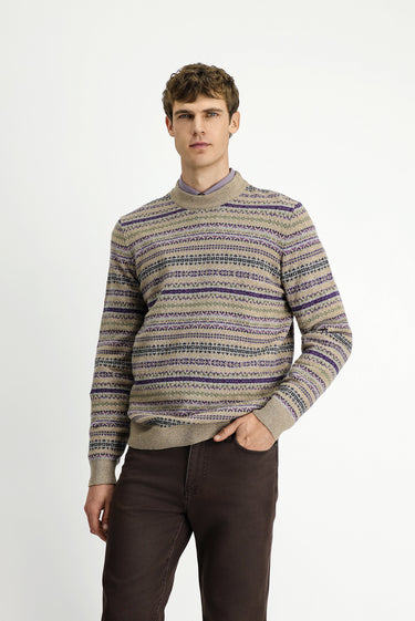  Orta Bej Bisiklet Yaka Regular Fit Desenli Yünlü Triko Kazak