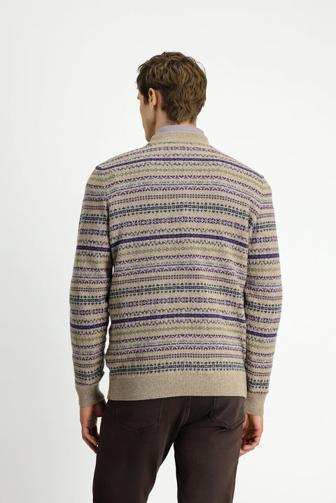 Orta Bej Bisiklet Yaka Regular Fit Desenli Yünlü Triko Kazak