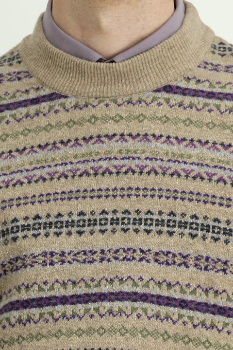 Orta Bej Bisiklet Yaka Regular Fit Desenli Yünlü Triko Kazak