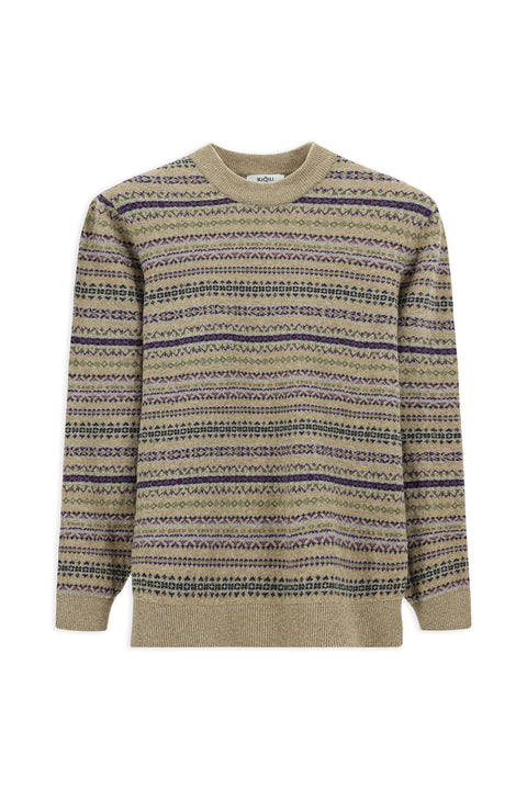 Orta Bej Bisiklet Yaka Regular Fit Desenli Yünlü Triko Kazak