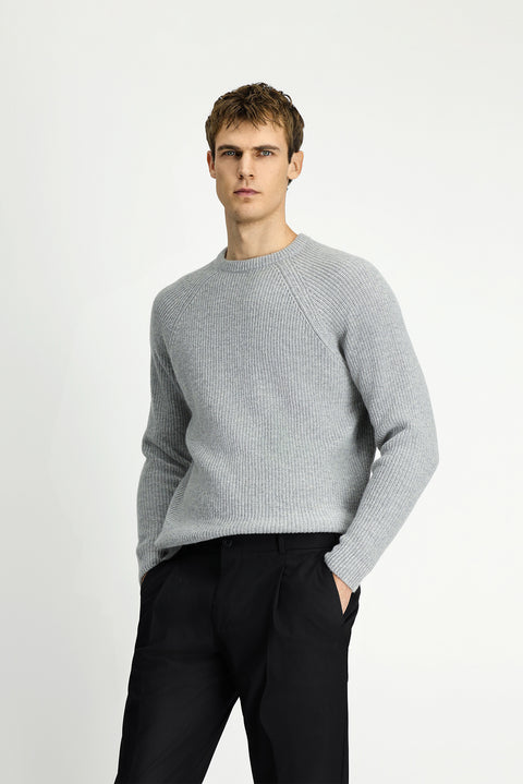 Açık Gri Melanj Bisiklet Yaka Regular Fit Yünlü Triko Kazak