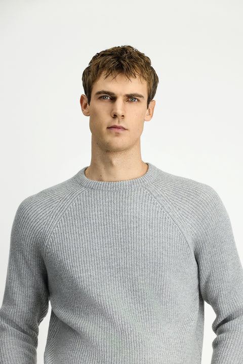 Açık Gri Melanj Bisiklet Yaka Regular Fit Yünlü Triko Kazak