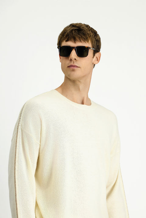 Ekru Bisiklet Yaka Oversize Ekstra Rahat Kesim Yünlü Triko Kazak