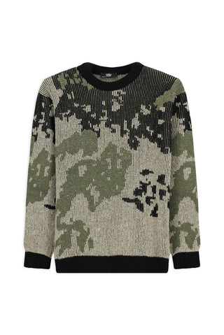  Açık Haki Bisiklet Yaka Oversize Yünlü Desenli Triko Kazak