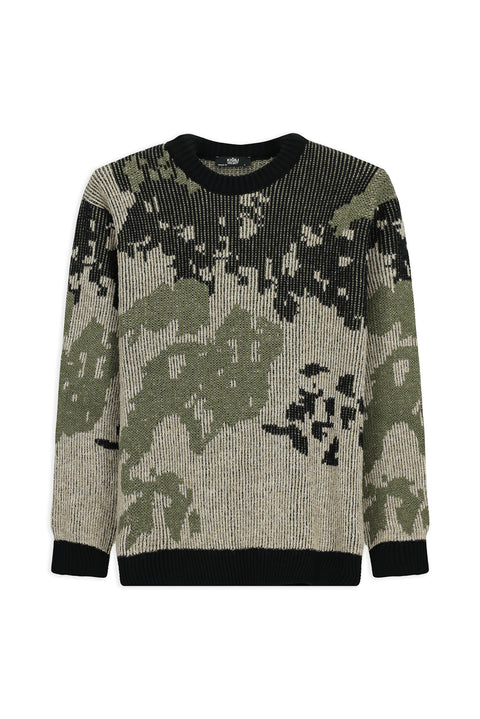 Açık Haki Bisiklet Yaka Oversize Ekstra Rahat Kesim Desenli Yünlü Triko Kazak