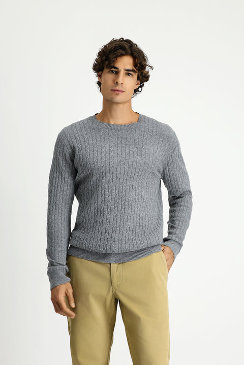 Orta Gri Melanj Bisiklet Yaka Regular Fit Desenli Yünlü Triko Kazak