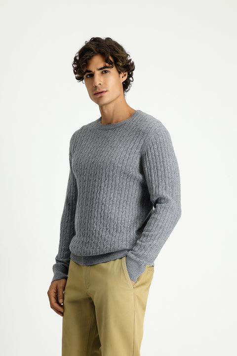 Orta Gri Melanj Bisiklet Yaka Regular Fit Desenli Yünlü Triko Kazak