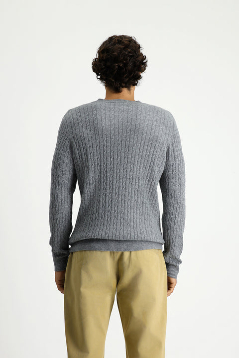 Orta Gri Melanj Bisiklet Yaka Regular Fit Desenli Yünlü Triko Kazak