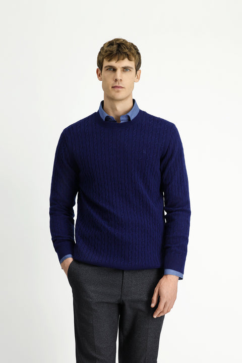 Koyu Lacivert Bisiklet Yaka Regular Fit Desenli Yünlü Triko Kazak