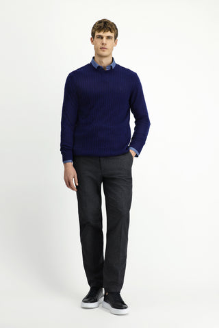  Koyu Lacivert Bisiklet Yaka Regular Fit Desenli Yünlü Triko Kazak