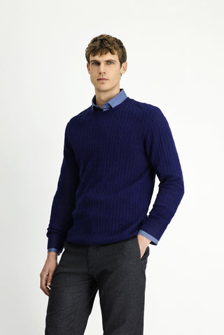  Koyu Lacivert Bisiklet Yaka Regular Fit Desenli Yünlü Triko Kazak